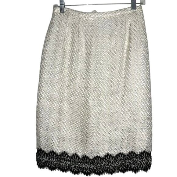 Victor Costa Ivory Textured Pencil Skirt With Black Lace Hem - Picture 1 of 10